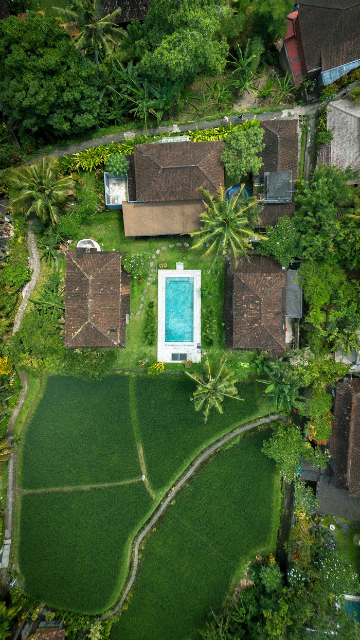 Stunning aerial shot of luxury estate with swimming pool surrounded by lush greenery.