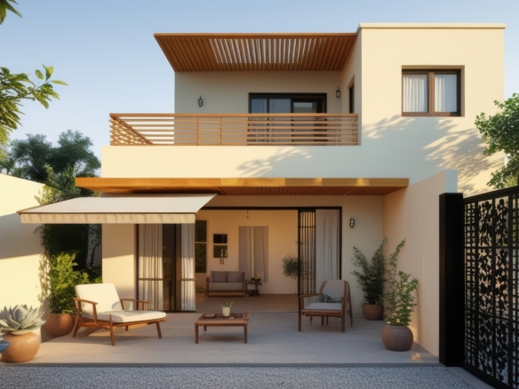 Modern luxury independent house with minimalist architecture, beige and off-white exterior, wooden pergola balcony, private courtyard seating area, landscaped plants, and soft natural daylight in a premium residential neighborhood in Ludhiana.