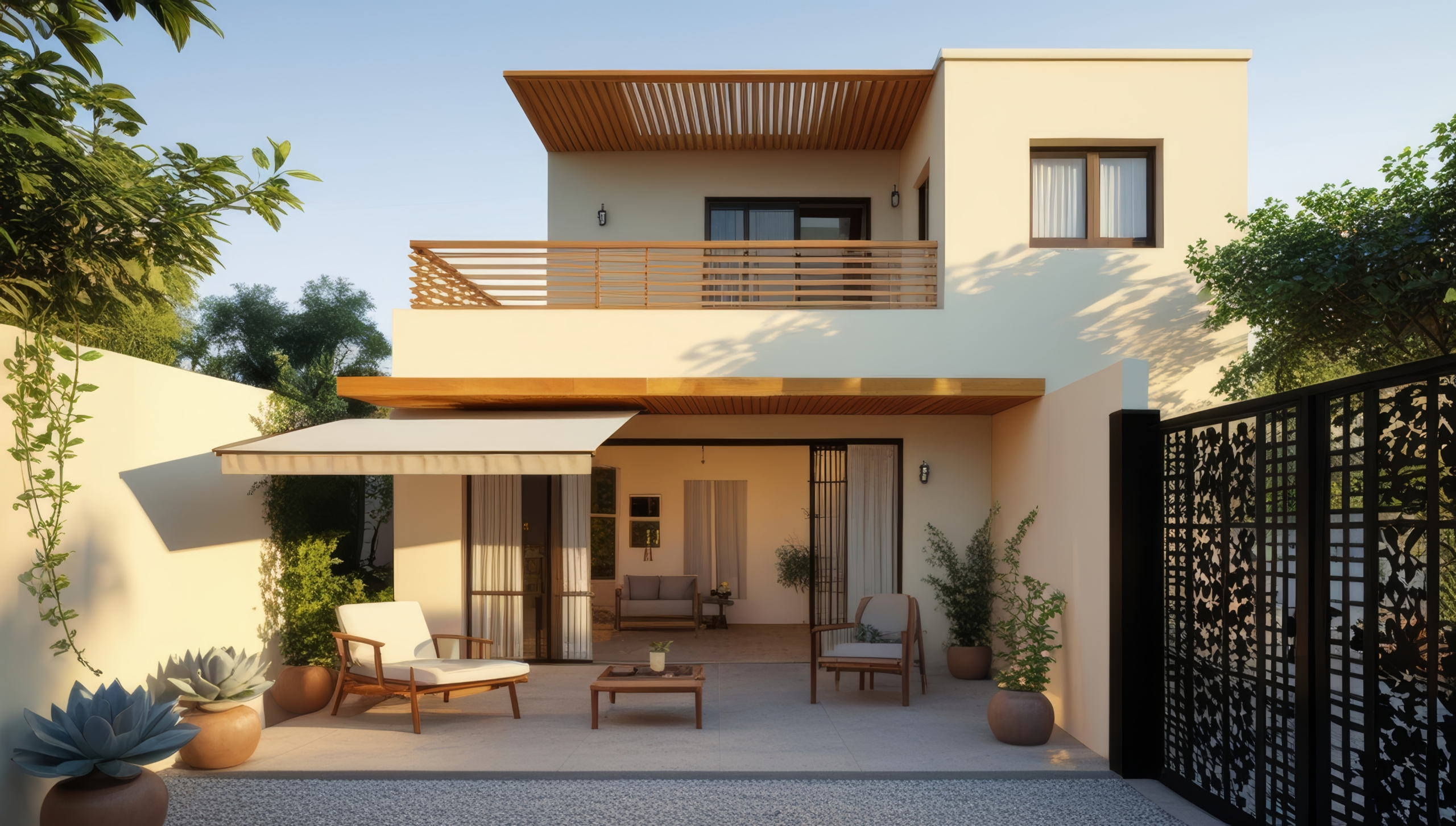 Modern luxury independent house with minimalist architecture, beige and off-white exterior, wooden pergola balcony, private courtyard seating area, landscaped plants, and soft natural daylight in a premium residential neighborhood in Ludhiana.
