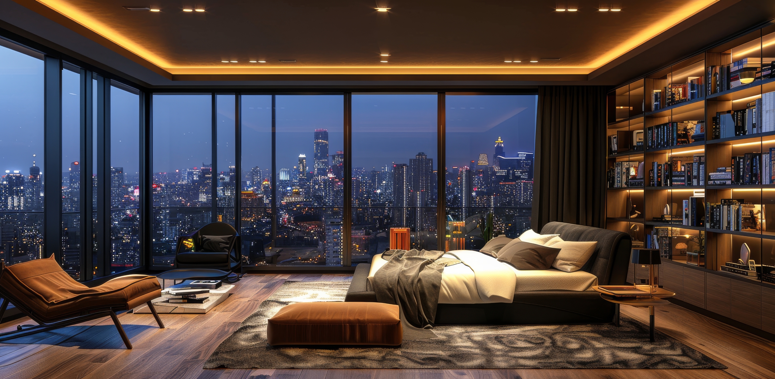 Buy premium villas in South City Sunview Ludhiana by Swaran Properties featuring a luxury modern bedroom with panoramic city skyline view, elegant interiors, and premium lighting.