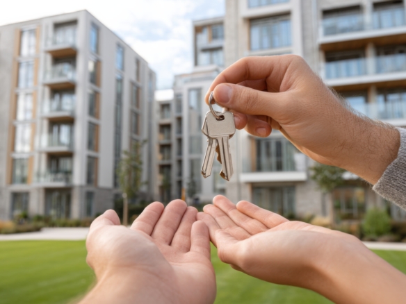 Handing over house keys to a buyer in front of a modern apartment building in Ludhiana