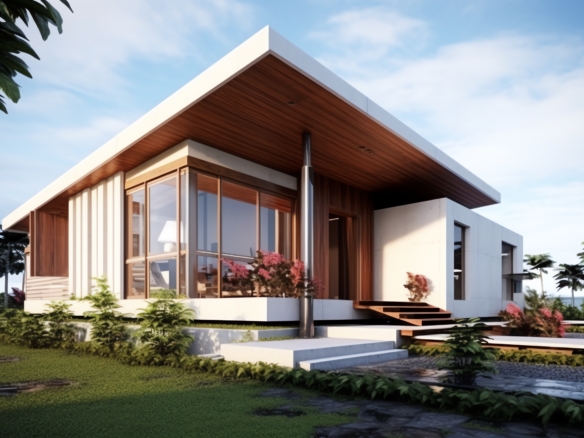 Modern two-story house with large illuminated windows and a glass balcony on a green lawn under a purple-blue evening sky.