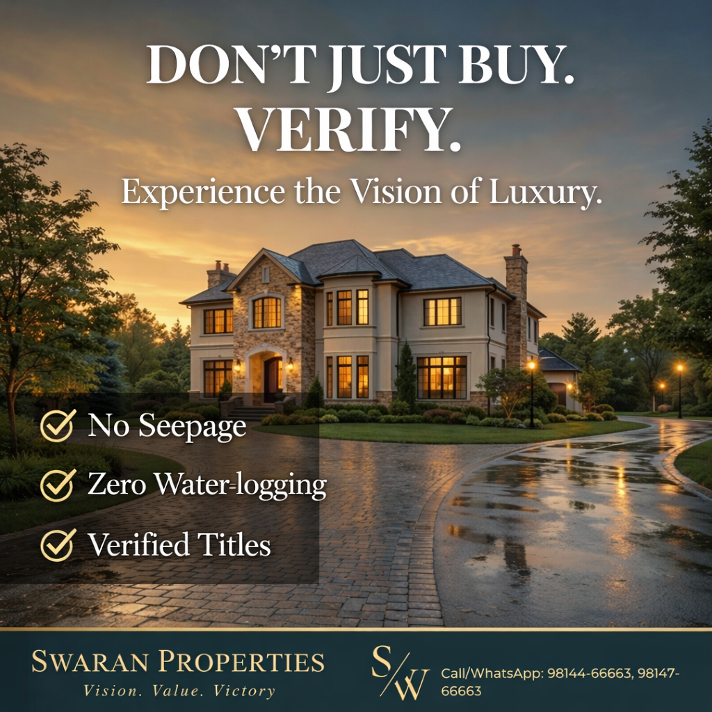 Swaran Properties Ludhiana real estate trust campaign showing a couple inspecting a property during rain to check for water-logging.