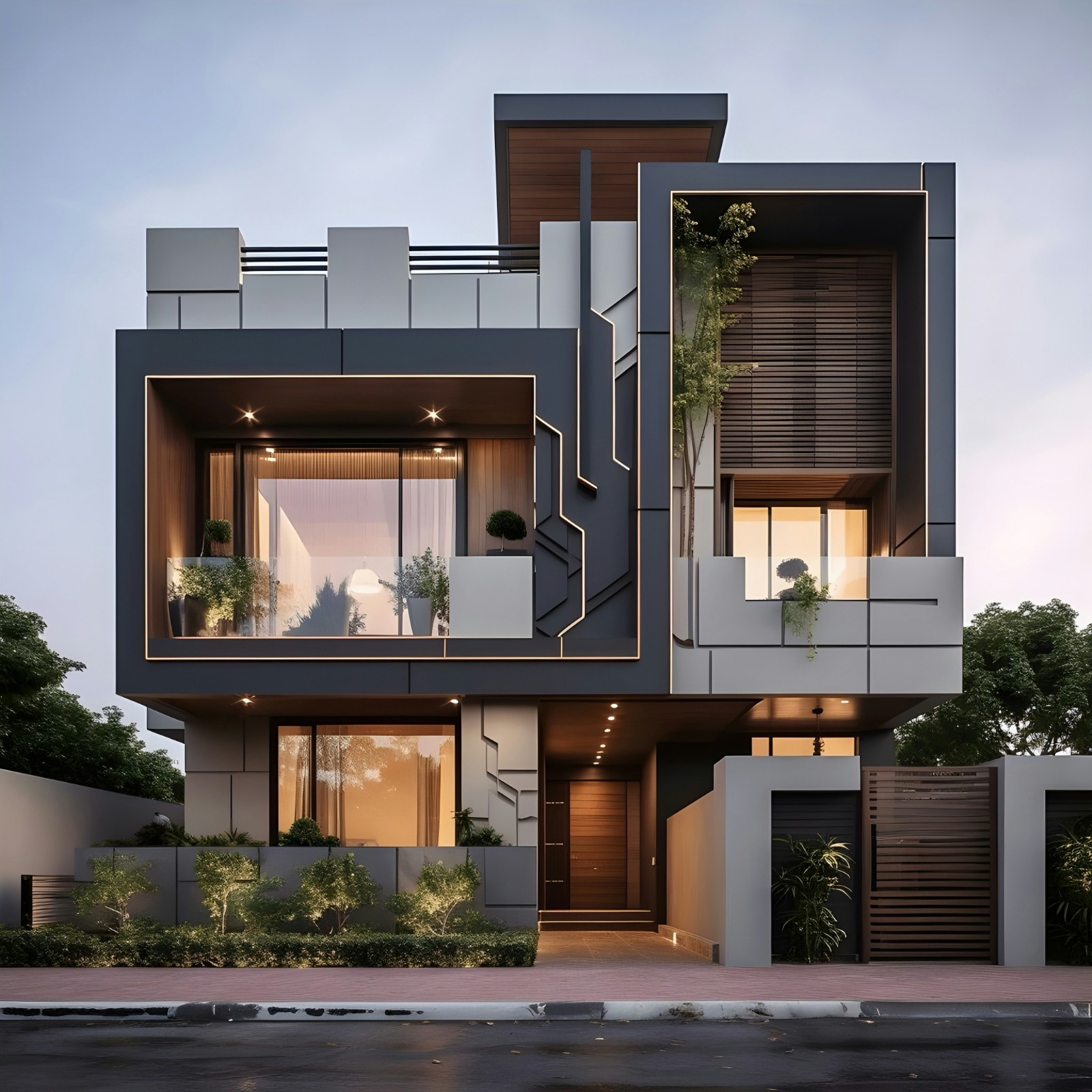 A high-end, three-story modern house with a charcoal gray and light gray geometric facade. The exterior features recessed balconies, integrated warm LED strip lighting, large glass windows, and a combination of wooden accents and horizontal slats.