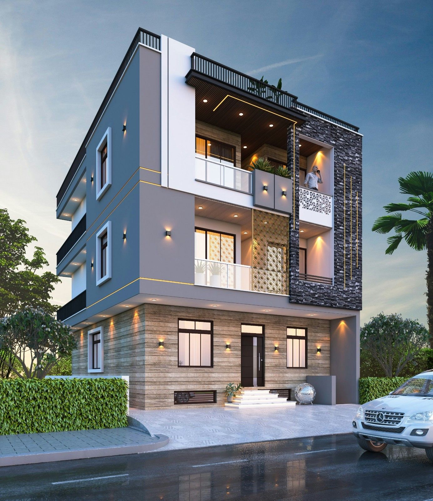 Modern 3-story residential house design with stone cladding, LED facade lighting, and glass balconies.